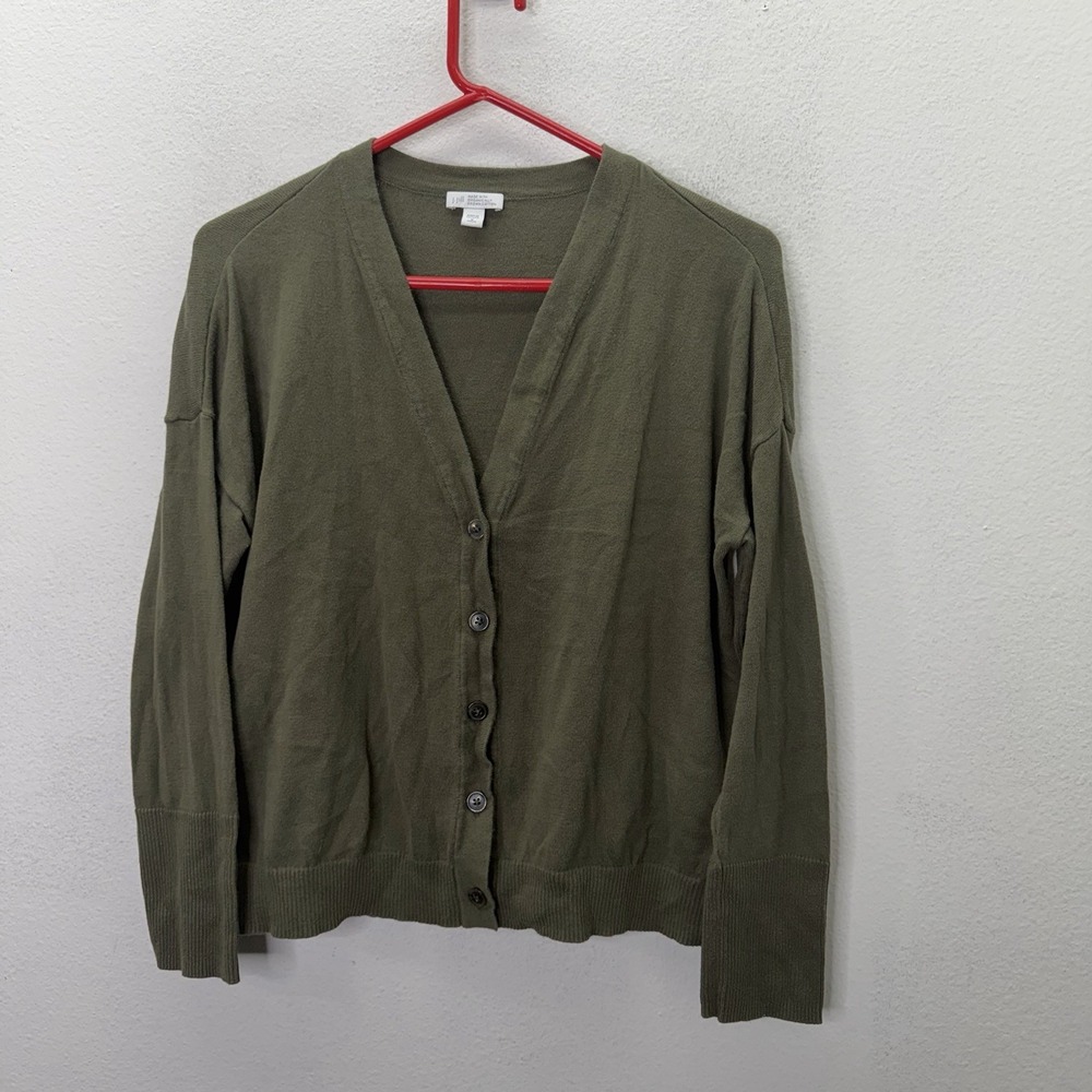 J.Jill Organic Cotton Olive Green V-Neck Cardigan Sweater Cottagecore Librarian